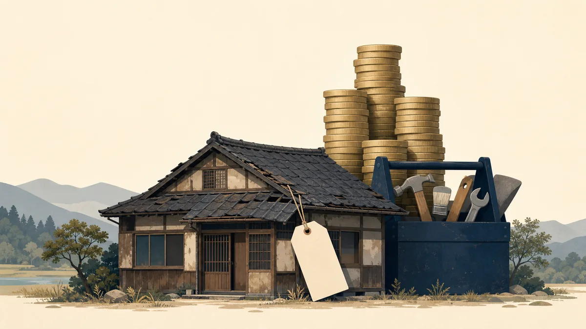 Illustration of a weathered, cheap-looking rural Japanese house with a low price tag, and beside it a stack of coins representing the renovation and holding costs hidden behind the headline price.