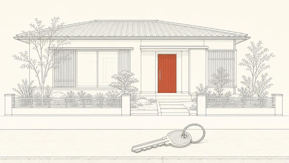 Line-art illustration of a modern Japanese house with a brick-red front door and a small garden, a house key on a keyring resting in the foreground