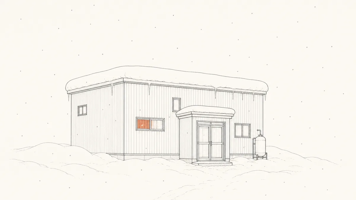 Line-art illustration of a northern Japanese house in deep winter: a flat snow-holding roof under a thick slab of snow, an enclosed entrance vestibule, a kerosene tank by the wall, and one warmly lit window