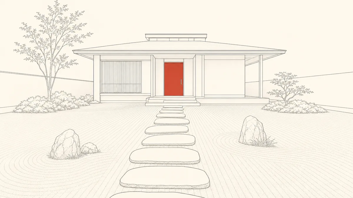 Line-art illustration of stepping stones crossing a raked-gravel garden toward a modern Japanese house with a brick-red door, suggesting a step-by-step path