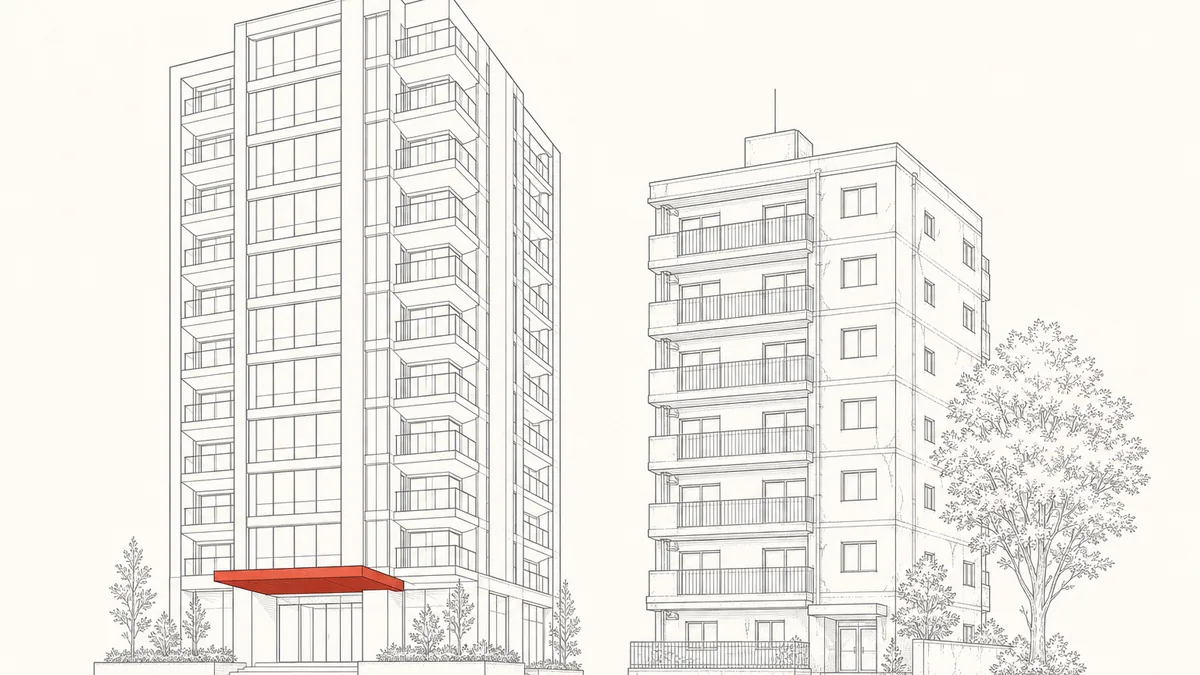 Line-art illustration contrasting two Tokyo condominiums: a crisp new tower with a brick-red entrance canopy on the left and an older mid-rise with a tree on the right