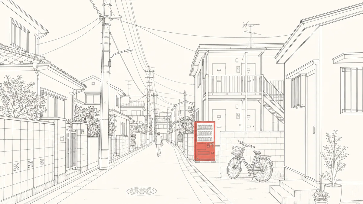 Line-art illustration of a quiet residential Tokyo backstreet with low houses, power lines, a parked bicycle and a brick-red vending machine, a figure walking in the distance