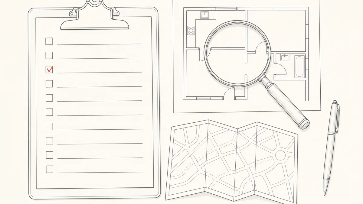 Line-art illustration of a due-diligence flat-lay: a clipboard checklist with one red check mark, a magnifying glass over a floor-plan sketch, a folded map and a pen