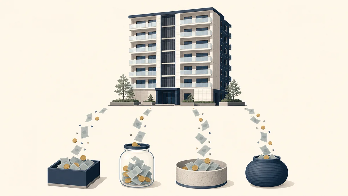Illustration of a single Tokyo condominium building with a steady trickle of generic coins flowing out into several separate jars, suggesting the recurring costs of ownership — property tax, management fee, and repair reserve.