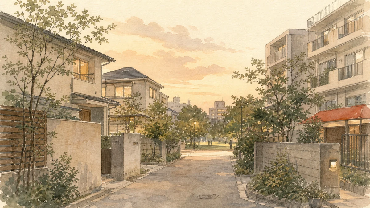Line-art illustration of a quiet Tokyo residential neighborhood at golden hour, low-rise apartments and houses along a tree-lined lane with a small park in the distance