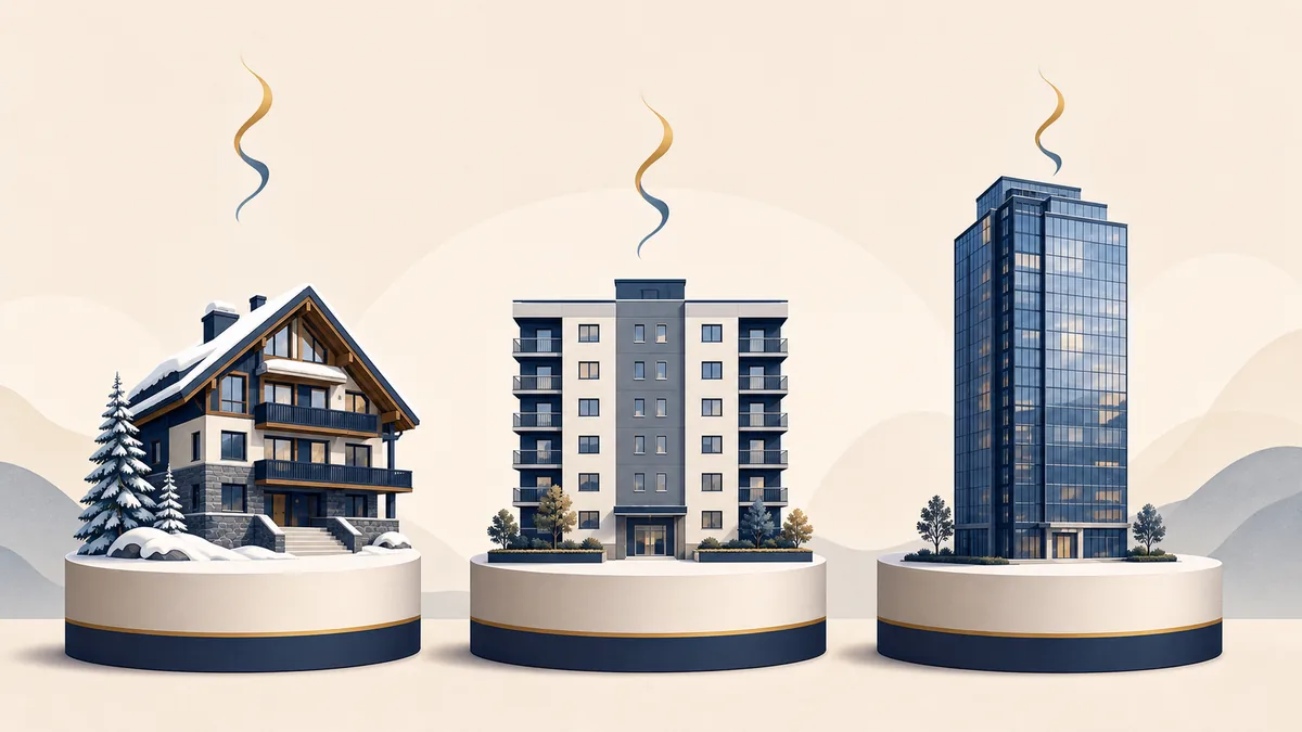 Illustration weighing three Japanese property markets on a balance scale — a snowy Niseko resort chalet, an Osaka city apartment block, and a central Tokyo tower — with a question mark over each pan to signal that none is a guaranteed win.